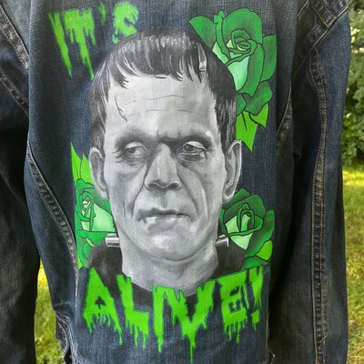 Hand Painted Frankenstein Moinster Denim Jean Jacket OOAK It's Alive! - image4